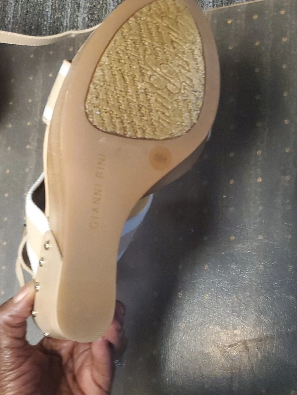 Gianni Bini Beige and White Strappy Block Heel Sandals